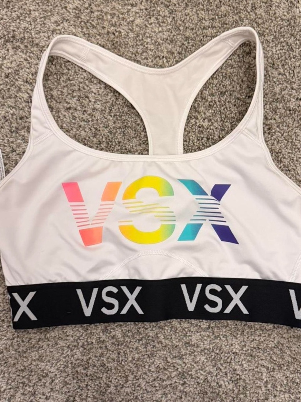 VSX White Racerback Sports Bra with Rainbow Logo and Black Band